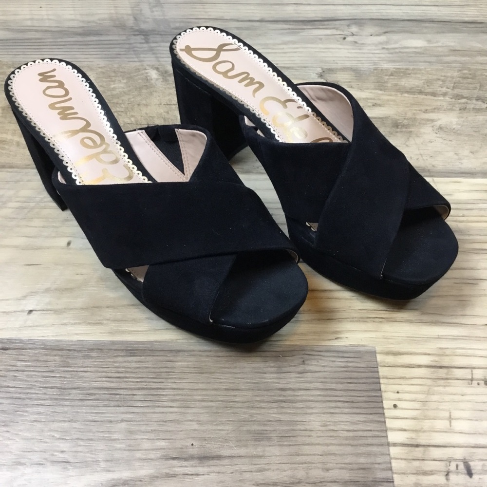 Sam Edelman Black Suede Crisscross Platform Mules